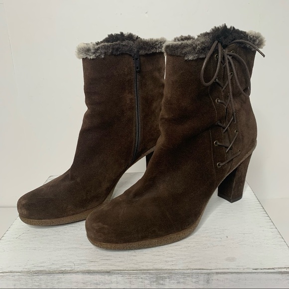 Stuart Weitzman Brown Suede Faux Fur Trim Lace Up Zip Up Ankle Boots - Picture 10 of 16